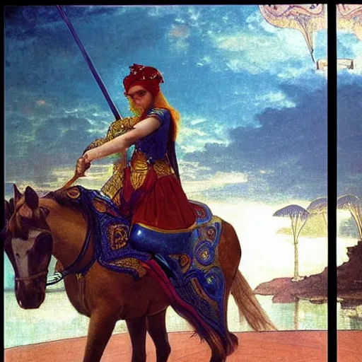 Prompt: Knight girl riding the horse at the palace, refracted sparkles, thunderstorm, greek pool, beach and Tropical vegetation on the background major arcana sky, by paul delaroche, alphonse mucha and arnold böcklin, hyperrealistic 8k, award-winning, very very very detailed