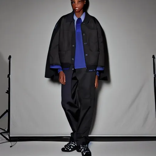 Image similar to realistic photoshooting for a new balenciaga lookbook color film photography of a beautiful woman model, model wears a workwear jacket, photo in style of tyler mitchell, ssense