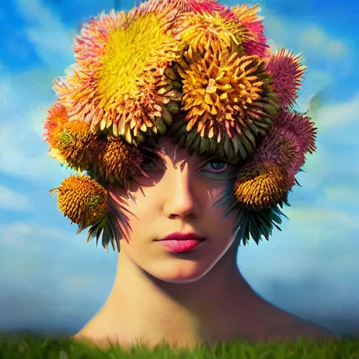 Image similar to closeup giant dahlia flower crown head, a girl walking between dunes, surreal photography, sunrise, blue sky, dramatic light, impressionist painting, digital painting, artstation, simon stalenhag