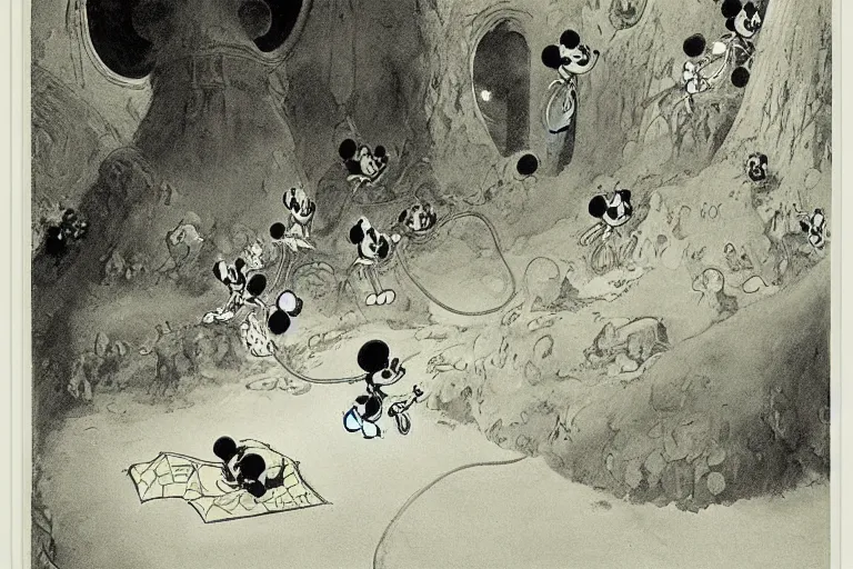 Image similar to magical 1920's style disney art of a mickey mouse scene by sidney sime gustave dore goya