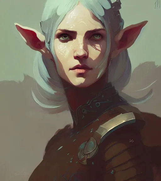 Image similar to portrait of a elven warrior ( dragon age ) by atey ghailan, by greg rutkowski, by greg tocchini, by james gilleard, by joe fenton, by kaethe butcher, dynamic lighting, gradient light blue, brown, blonde cream and white color scheme, grunge aesthetic