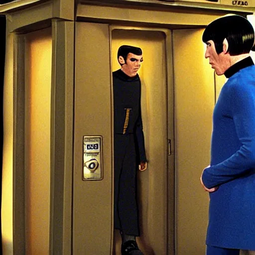 Prompt: spock!!!!! exiting the tardis!!!!!!