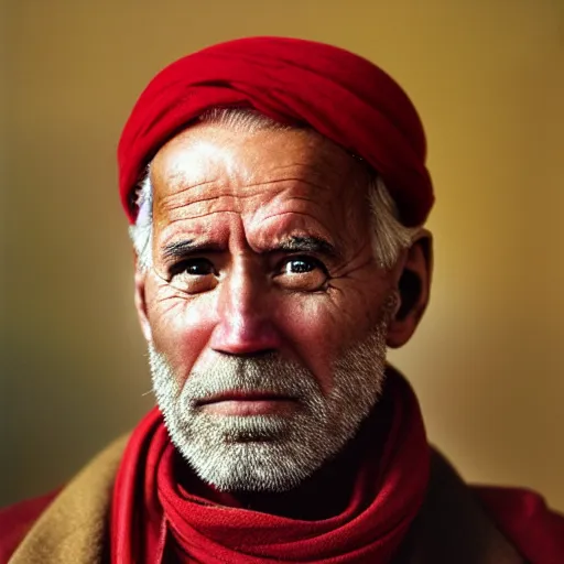 Prompt: portrait of president martin ban biden as afghan man, green eyes and red scarf looking intently, photograph by steve mccurry