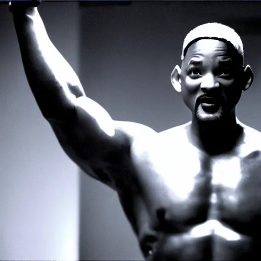 Prompt: will smith with 4 arms holding up his giant hand.. training montage, movie still, cinematic lighting, 3 5 mm film.