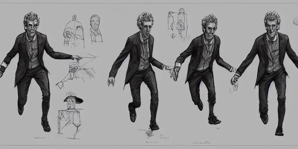 Image similar to cartoonish peter capaldi running, character sheet, fine details, concept design, contrast, kim jung gi, greg rutkowski, trending on artstation, 8 k, full body, turnaround, front view, back view, ultra wide angle