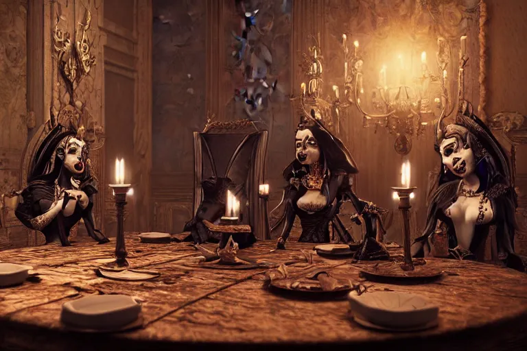 Image similar to dark witches sitting at a table doing a ritual. Ornate details, award winning. Octane render, 4k, 8k, unreal 5, very detailed, hyper control-realism, trending on artstation.”