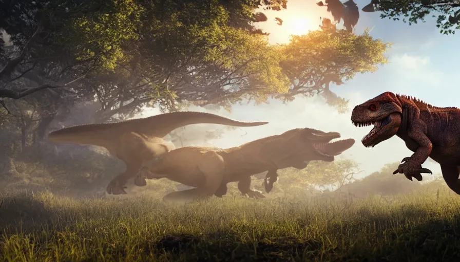 Prompt: hyper realistic highly detailed nature photography of a trex, tyrannosaurus rex, prehistoric planet, volumetric lighting, octane render, 4 k resolution, golden hour