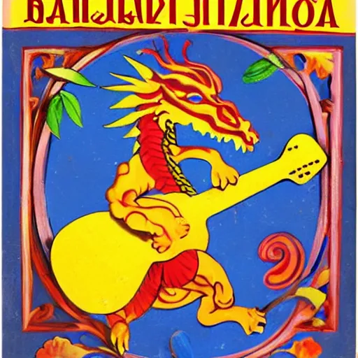 Image similar to russian dragon playing balalika guitar, children tales style,