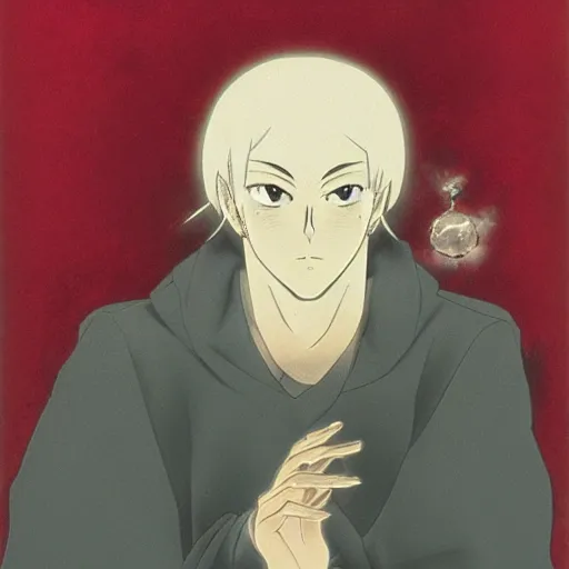 Image similar to anime a portrait of man with hand growing from his head, holding a red crystal