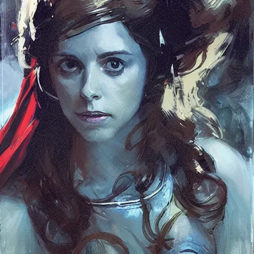 Image similar to alison brie as thor, intricate, elegant, highly detailed, greg manchess, mucha, liepke, ruan jia, jeffrey catherine jones, ridley scott