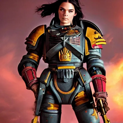 Prompt: warhammer kendall jenner as female space marine wearing space marine armor cinematic lighting dramatic lighting by annie leibovitz