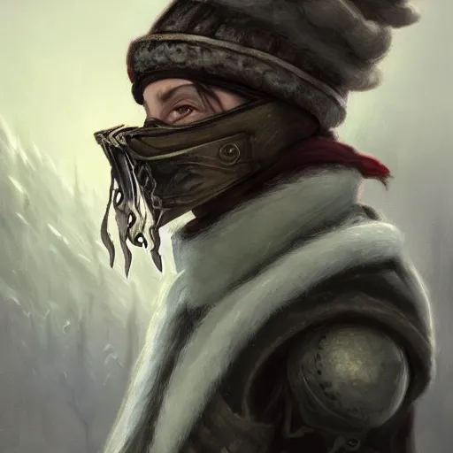 Image similar to a fantasy snow bandit from ‘ icewind dale ’ with mask, ‘ icewind dale 2 ’ profile portrait by ‘ justin sweet ’, falling snow, soft focus, illustrated, oil paint, artstation