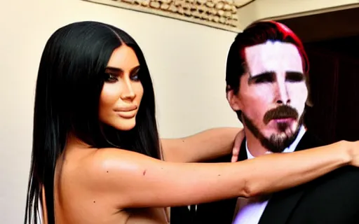 Image similar to American Psycho Christian Bale hugging kim kardashian & kylie Jenner in an abandoned mafia mansion