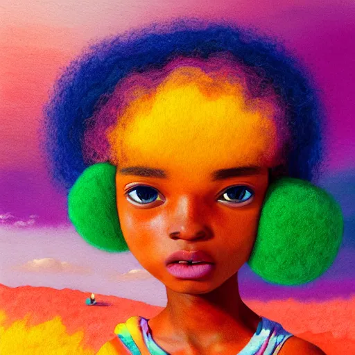 Prompt: a black girl with a colorful afro and rainbow eyes, at the beach, sunset, bright colours, watercolor, volumetric wool felting, macro photography, children illustration, by goro fujita