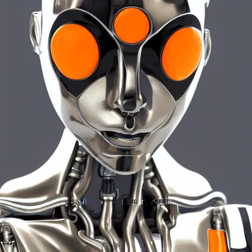 Image similar to photorealistic portrait humanoid metallic black robot, orange accents