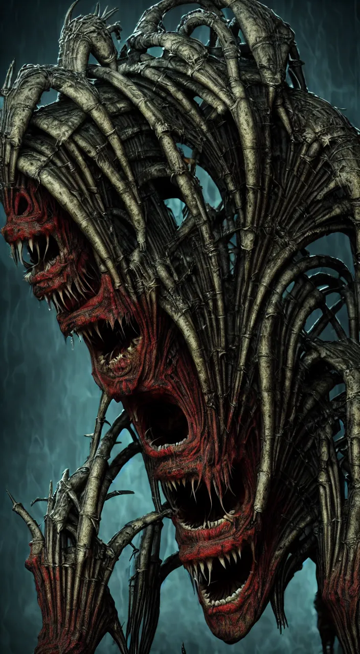 Image similar to gary busey as a monster designed by hr giger, colorful horror video game, sci fi horror,, body horror, unreal engine, octane render, depth of field, cycles render, hd