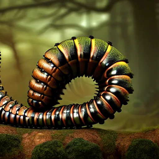 Image similar to Colour Caravaggio style photography of steampunk caterpillar in the forest, higly detailed caterpillar designed by Josan Gonzalez, many details, In style of Josan Gonzalez and Mike Winkelmann andgreg rutkowski and alphonse muchaand Caspar David Friedrich and Stephen Hickman and James Gurney and Hiromasa Ogura. Rendered in Blender, volumetric natural light