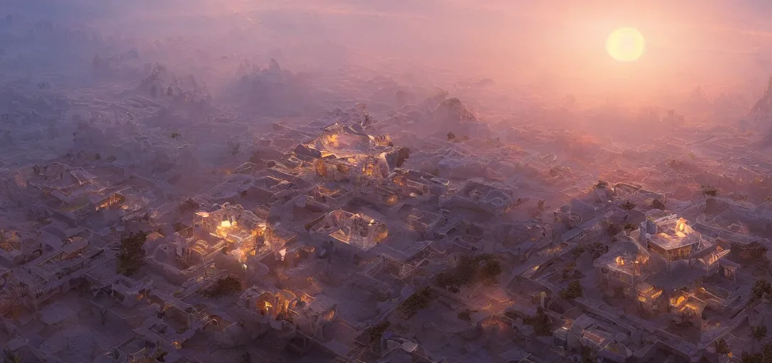 Image similar to an amazingly stunning picture of a floating transparent crystal town in the middle of a desert, intricate detail, sunset, serene, volumetric lighting, volumetric clouds, 8 k, photorealistic, digital art trending on artstation