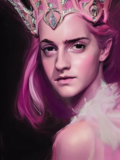 Image similar to pink portrait of young beautiful female angel queen Emma Watson head wearing shiny pink crown, subtle purple accents, hyper details, black metal rococo, sculpted by Alex Alice, Craig Mullins, yoji shinkawa, trending on artstation, beautifully lit, Peter mohrbacher, hyper detailed, insane details, intricate, elite, elegant, luxury, ray of light through smoke, CGsociety, hypermaximalist, golden ratio, volumetric, octane render, weta digital, micro details, 3d sculpture