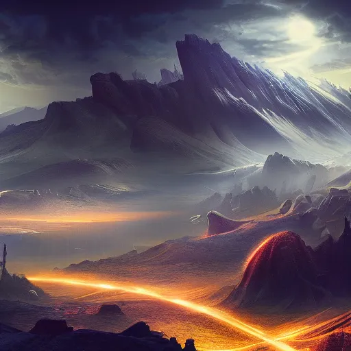 Image similar to sci - fi landscape matte painting, dark lighting, colorful, sharp focus, 4 k, high detail