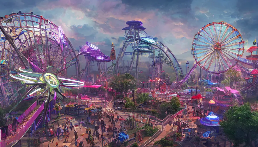 Prompt: Concept art of a magnificent futuristic amusement park with a Ferris wheel in the center of the park and roller coasters in the surroundings, hyperdetailed, artstation, cgsociety, 8k