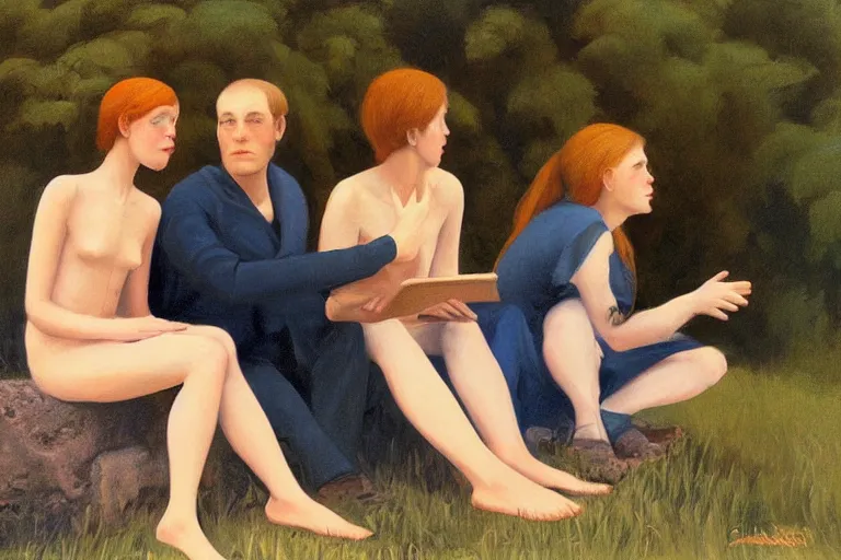 Prompt: beautiful painting of friends, beautiful faces, sitting on the edge, cute, soft light, digital painting by diane arbus and ralph mcquarrie and charles maurice detmold