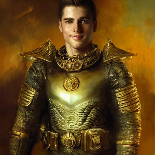 Image similar to handsome portrait of a young guy fitness posing, war hero, smiling, radiant light, caustics, reflective light, by gaston bussiere, bayard wu, greg rutkowski, giger, maxim verehin