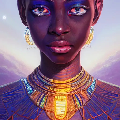 Image similar to highly detailed portrait of an african neon egyptian goddess, intricate alien technology, stephen bliss, unreal engine, fantasy art by greg rutkowski, loish, rhads, ferdinand knab, makoto shinkai and lois van baarle, ilya kuvshinov, rossdraws, tom bagshaw, global illumination, radiant light, detailed and intricate environment