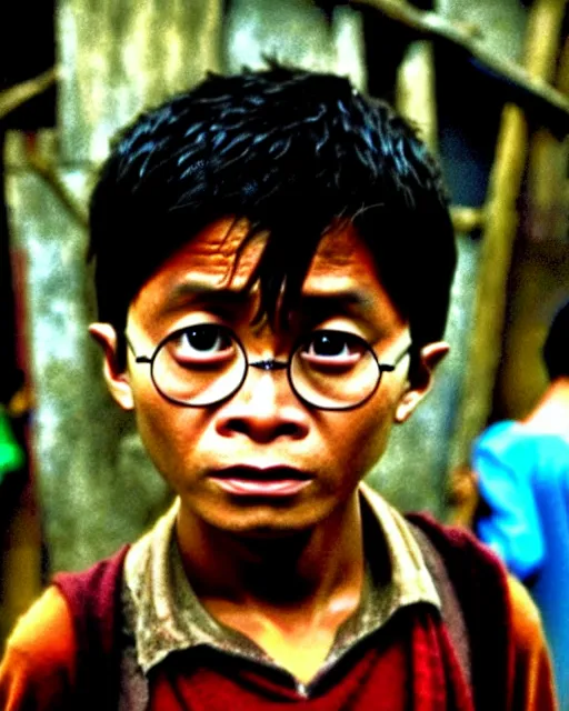 Image similar to high quality photo of harry potter as a poor filipino boy in the philippine slums, detailed photo