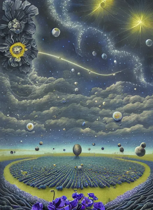 Image similar to detailed, intricate blue black and purple papaverum flower on the field, nebula, galaxy in the sky, winning award masterpiece, fantastically beautiful, illustration, aestheticly inspired, jacek yerka, upscale with anguissola sofonisba work, artstation, 8 k