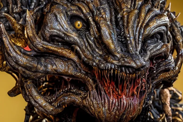 Image similar to photo taken of an epic intricate, ultra detailed, super realistic sculpture of a nightmarish hellish demonic creature on display in a workshop, created by weta workshop, zoomed in shots, photorealistic, sharp focus, f 0. 4, face centred, macro photography, golden ratio, golden hour