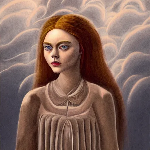 Image similar to professional painting of Elle Fanning in the style of Remedios Varo, head and shoulders portrait, symmetrical facial features, smooth, sharp focus, illustration, intricate, stormy weather, extremely detailed masterpiece,