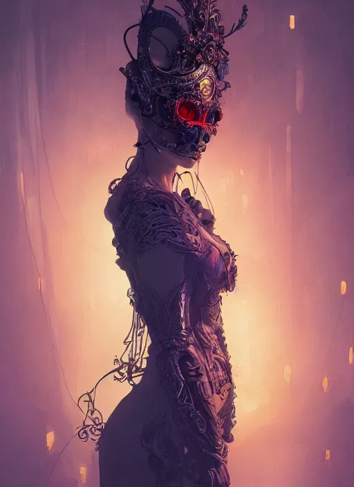 Image similar to a beautiful woman wearing a venetian mask, intricate concept art, ethereal, elegant, highly detailed, artstation, smooth, cyberpunk darksynth, cinematic, opalescent mist, dramatic lighting, illuminated glowing lines, outrun, neon vaporware, by ruan jia and ilya kuvshinov and craig mullins and alphonse mucha