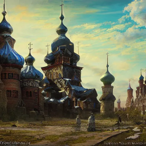 Image similar to photo ancient Slavic Russian city of Kitezh, concept art, painting by Viktor Vasnetsov, magical city, fantasy cityscape, ancient Slavs, wooden buildings, ancient Russian architecture, terem, hyperborea, top cinematic lighting , very detailed, 8k, high resolution