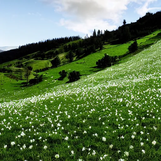 Image similar to spread across a bright green, rolling hillside were thousands of off - white dots