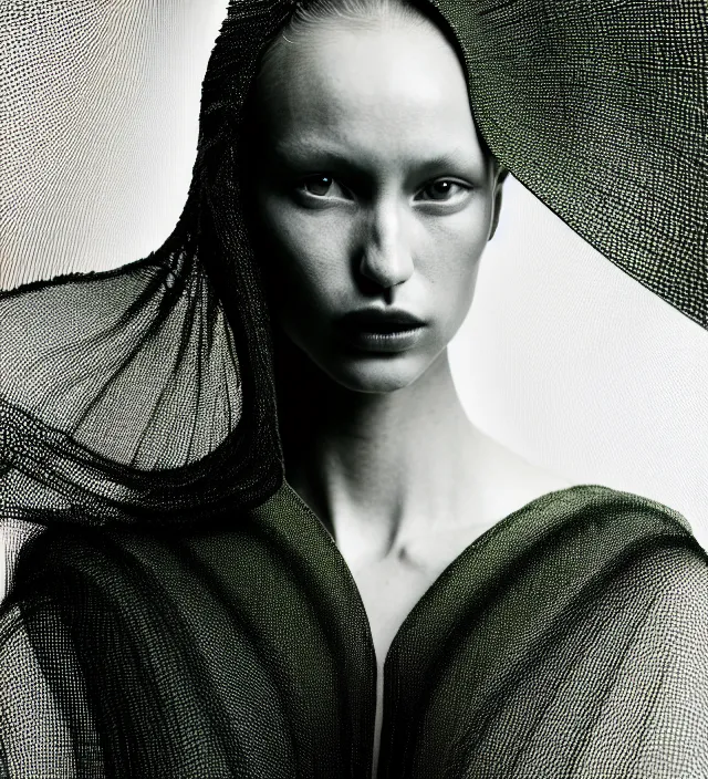 Image similar to photography face portrait of one female fashion model in rainforest, wearing one organic futurist cape designed by iris van herpen,, photography by paolo roversi nick knight, helmut newton, avedon, and araki, sky forest background, natural pose, highly detailed, skin grain detail