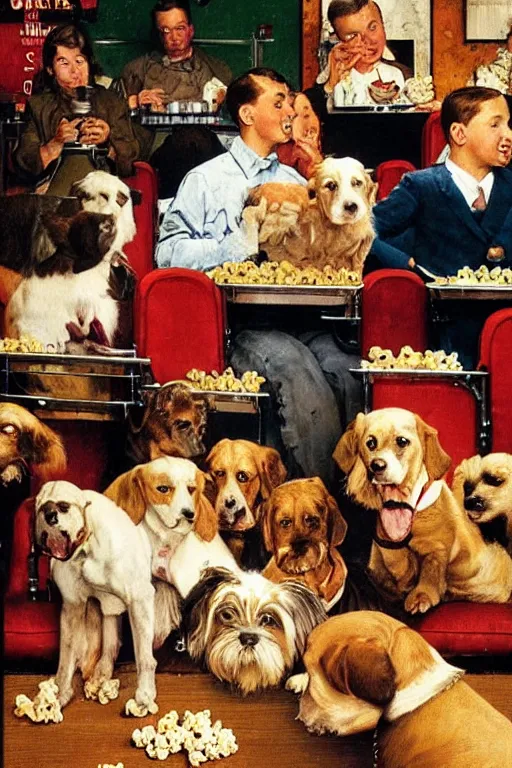 Image similar to ten dogs watching a movie at movie theater eating popcorn painted by norman rockwell