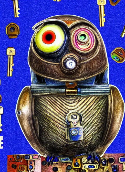 Image similar to colored pencil and pen drawing of an animatronic robot owl, bird made from rusty old keys and padlocks, cosmic background, 8 k photorender realityengine