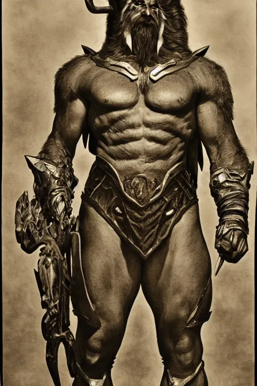 Image similar to beast man from masters of the universe, portrait, full body, symmetrical features, silver iodide, 1 8 8 0 photograph, sepia tone, aged paper, sergio leone, master prime lenses, cinematic