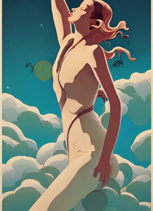 Image similar to poster artwork by michael whelan and tomer hanuka, portrait of beautiful sensual dancer in the clouds of jupiter, clean, art deco