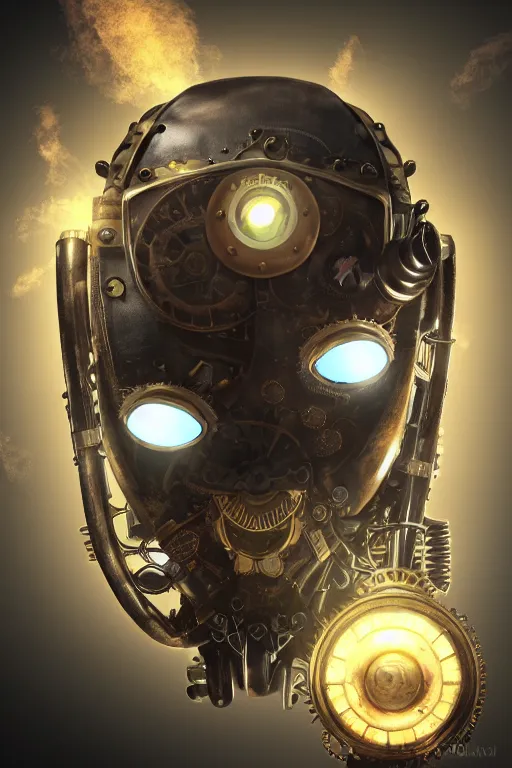 Image similar to steampunk mask minimalist fantasy art robot ninja helmet, global illumination ray tracing hdr fanart arstation by sung choi and eric pfeiffer and gabriel garza and casper konefal radiating a glowing aura