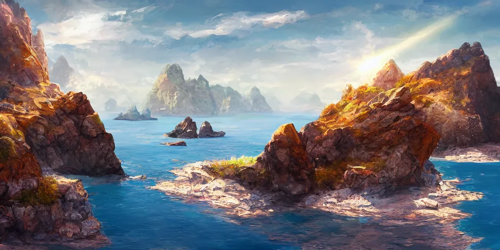 Prompt: salt covered islands surrounded by colourful rugged quartz cliffs, illustration, bright sunlight, sun glints, sunrays, digital art, oil painting, fantasy, 8 k, trending on artstation, detailed