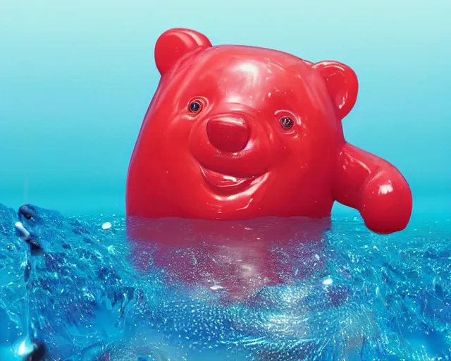 Image similar to a giant sculpture of a giant gummy bear on the surface of the ocean, award winning, hyper - realistic, very detailed, realistic water, ray tracing, 8 k resolution, long - shot, sharp focus, low angle, 8 5 mm photograph, wide lens