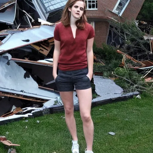 Image similar to emma watson as an f 4 tornado destroying houses