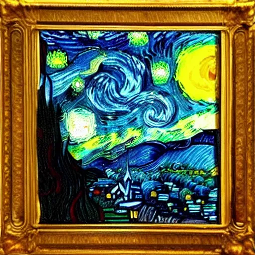 Prompt: smurfs by da vinci, starry night style