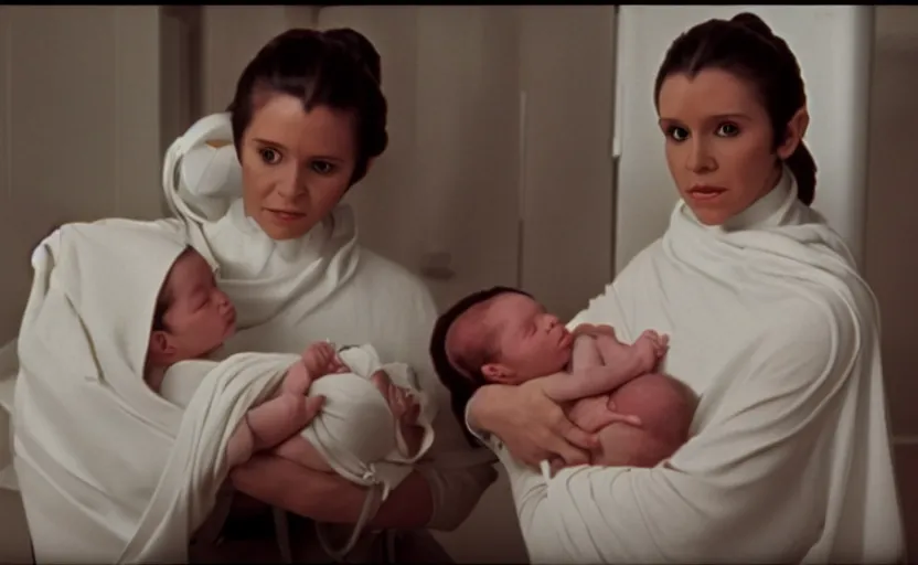 Image similar to screenshot of Princess Leia Organa holding a new born baby in a swaddle, Han Solo watches, iconic scene from 1970s film directed by by Stanley Kubrick, in a sci fi nursing home architecture, 4k HD sharp, cinematic still frame, photoreal, detailed face, moody lighting, stunning cinematography, anamorphic lenses, kodak color film stock