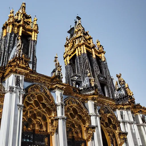 Prompt: gigantic ornate cathedral made of black and gold marble