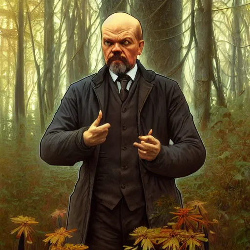 Image similar to photo of vladimir lenin is a mushroom in the forest, highly detailed, digital painting, artstation, smooth, sharp focus, illustration, art by artgerm and greg rutkowski and alphonse mucha