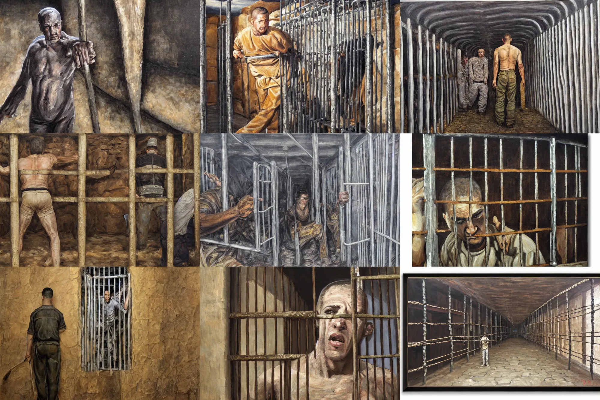 Image similar to ultra wide full length painting of a prisoner holding prison bars, cave prison, highly detailed, high resolution, oil in canvas