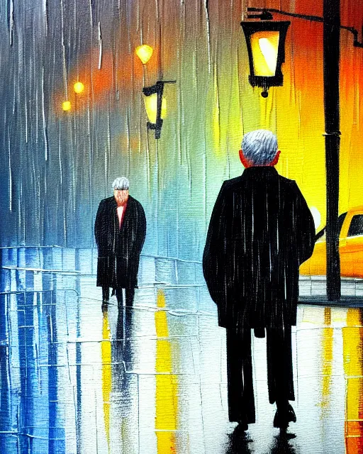 Image similar to a painting of an old man looking down the street, rain, an ultrafine detailed painting, by cabu, featured on deviantart, detailed painting, deviantart